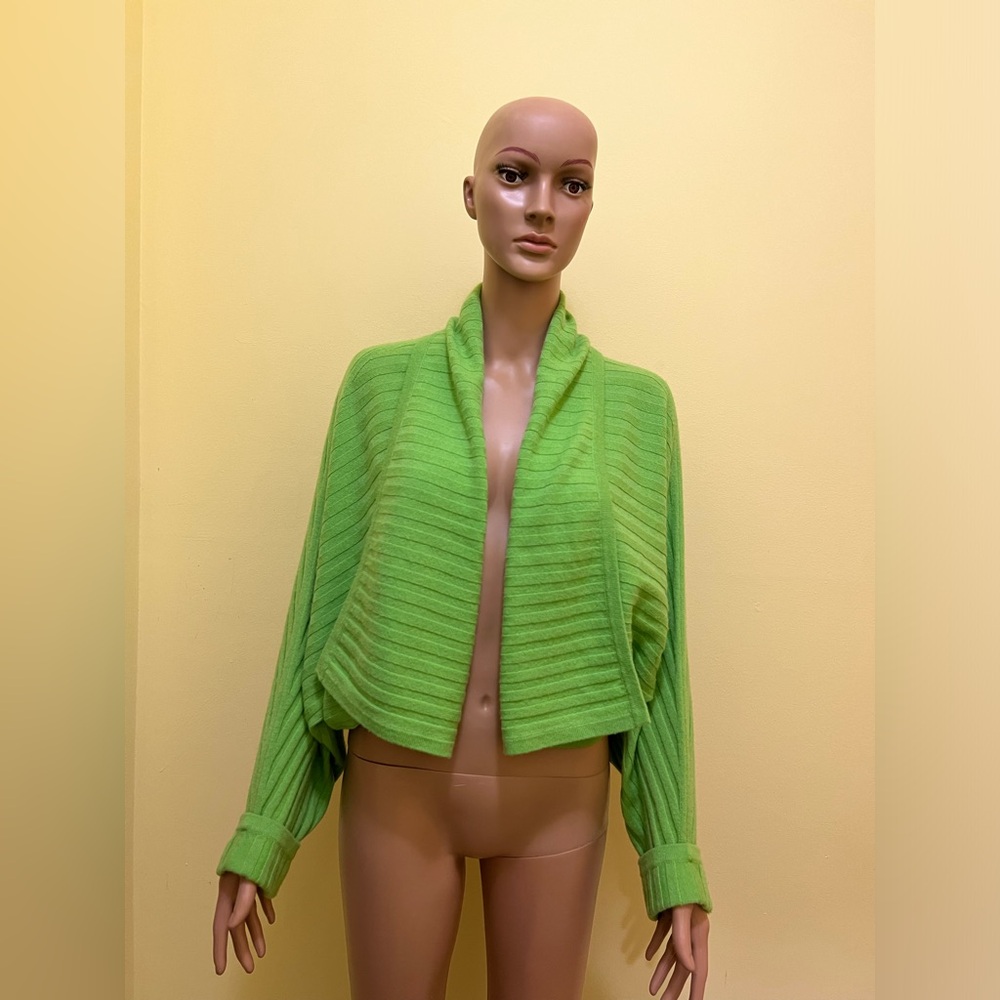 St. John Bright Lime Green Cropped Open-Front Ribbed Cardigan